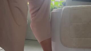 Satin outfit and clima cool pink sneakers fashion show and shoe play