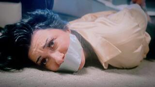Bondage Listing - Amethyst Mars - realtor, gold blouse, black pants, black heels, hand over mouth capture, tape bondage, duct tape, tape gagged, struggling