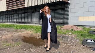 A girl in high-heeled shoes crushing them in mud and muddy puddles