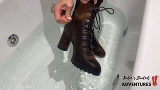 Brown suede boots in the bath