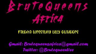 Paloma wrestles and flattens Lilly outdoors (with tickling)