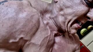 fbb massive veiny pumped destroying crushing feats of strength wide neck traps arms grunt power real strength massive female muscles crushing wicker things