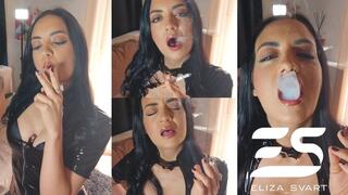 Smoking a Marlboro red in a pvc dress with a sore thorat