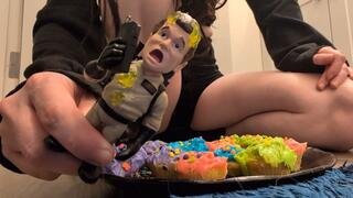 Giantess Stuffing Tiny with Cake and Toilet Flush Bath