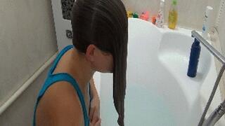 Wash hair and divide with perfect line HW