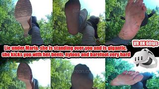 VR 3D 8k - Lie under Maria, she's standing over you and is gigantic, kicking you hard with her heels, nylons, and bare feet