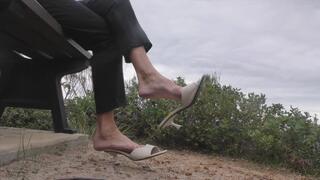 Shoeplay and Dangling with Mid Heel Mules Outdoor