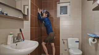 Blue Turtleneck Wet Look and Tearing