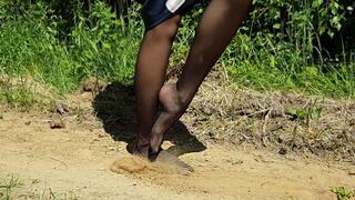 dirty pantyhose, dirty feet, pantyhose outdoors, barefoot walk, no shoe walk, dirty nylon
