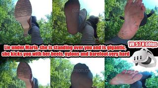 VR 3D 5,7k - Lie under Maria, she's standing over you and is gigantic, kicking you hard with her heels, nylons, and bare feet
