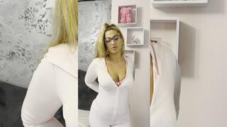 Cigarettes, condoms, girl with hands cuffed behind her back and a hard cock