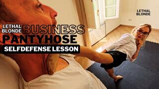 Lethal Blonde business woman pantyhose selfdefense lesson and domination