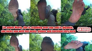 4k - Lie under Maria, she's standing over you and is gigantic, kicking you hard with her heels, nylons, and bare feet