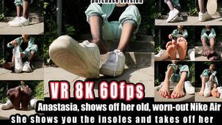 VR 3D 8K 180 60 fps | Anastasia, shows off her old, worn-out Nike Air , Nylons ,Barefoot - You can see her up close as she shows you the white, dirty Nike Air sneakers of all silks