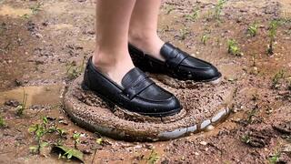 Loafers crushing pillow in mud, shoes in mud, muddy crush, loafers in mud