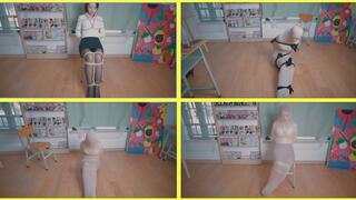 The girl wrapped herself in stockings like a mummy