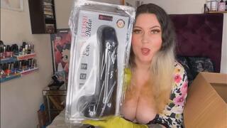Filthy whore unboxing her new toy selection