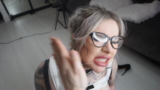 Drenched in drool and fully controlled — he holds her by the strap and pushes deeper again and again