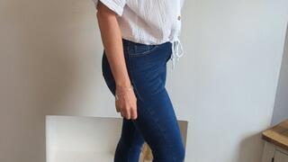 Priscilla toy car crush she crushes a 1960s Ford Mustang in block heels full body view