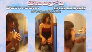 Dressed up Sissy Slut Crossdresser Femboy Practices Blowjob Skills in Bathroom on Big Blue Dildo