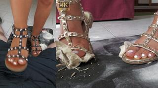 Food crushing devastation, bread and meringue smashing, ball stomping and soles on face to clean them
