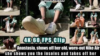 4k | Anastasia, shows off her old, worn-out Nike Air , Nylons ,Barefoot - You can see her up close as she shows you the white, dirty Nike Air sneakers of all silks