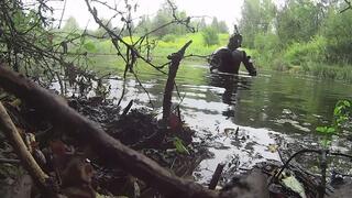 Jerking off in a VIKING rubber suit with water play