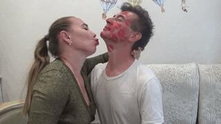 Hot red lipstick kisses for boy lf