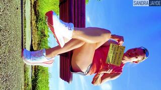 Sandra Jayde 11-06-25 A sporty slut in fishnet tights does a legs show outdoors on a bench