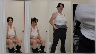 ELLE'S Tuesday Pee wearing a White Tank Top and Black Yoga Pants