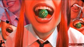 Makima chewing a tiny watermelon and A tiny man