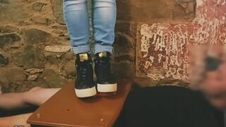 Guess sneakers, white socks and black nylon before he could explode a fountain of cum under my bare feet