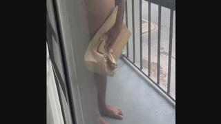 Wife Bully Gives Public Patio Reach-Around Handjob to Nude Disobedient Hubby