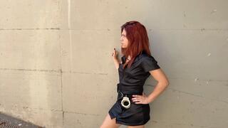 The corrupted police woman Natasha handcuffed shackled in topless, barefoot and gagged