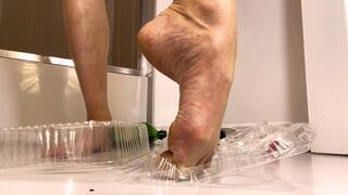 Crushing Plastic Trash Barefoot