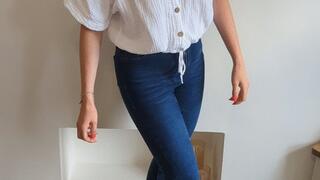 Priscilla toy car crush she crushes a tiny town with lots of small cars and buildings in big heels full body view