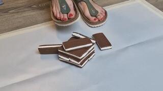 Carina crushes delicious milk slices with her bare feet