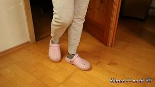 Casual Sock Tease in Pink Clogs & Grey Sweatpants