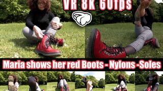 VR 8K 60fps | Model Maria shows off her red boots, nylons, and soles in great detail, holding everything up close to the camera