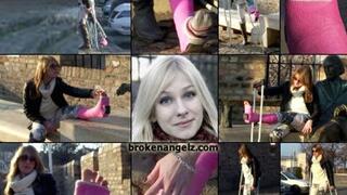 Beatrice Term LLWC Cobblestone Stair Struggle on Crutches with and without Cast Sock & Foot Play (in HD 1920X1080)