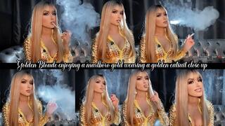 Golden Blonde enjoying a marlboro gold wearing a golden catsuit close up