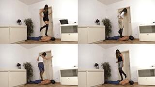 Slave used as a doormat for different dirty boots