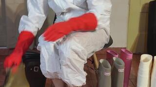 test rubber boots in hazmat suit