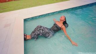 Jolissa takes a Dip in Camo Cargos, Satin Top and Heels