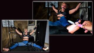 Blonde in Blue Jeans Bound for Tied Nipples to Toes Foot Tickling Predicament and Bondage Orgasms