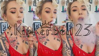 Classic close-up chainsmoking with Kinkerbell23 wearing shiny Red bodysuit