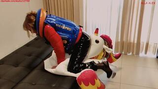 Alla deflates the inflatable unicorn by opening all the air valves