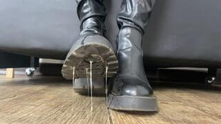 Dirty heeled knee boots worship and a lot of spits
