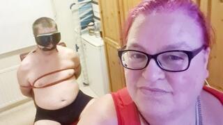 Miss M nipple torment handjob on man tied to chair