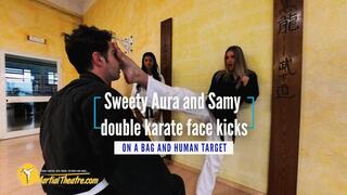 Sweety Aura & Samy double karate face kicks on a bag and human target